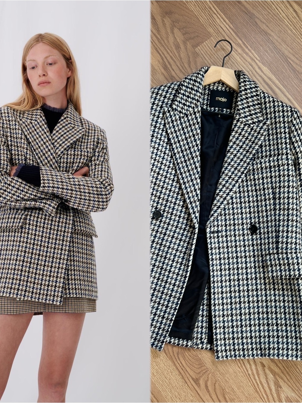 Maje Black & White Houndstooth Double-Breasted Blazer